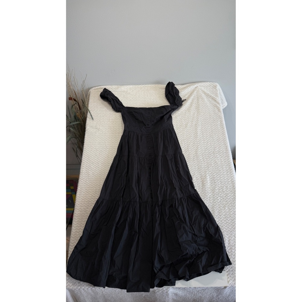 Staud Black Cotton Tiered Midi Dress Square Neck Off Shoulder Button Front 6